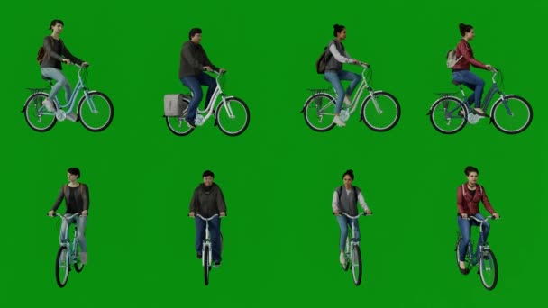 K品質でいくつかの異なるビューからジプシーバッグや買い物に行く3D 4つの異なるアメリカのサイクリスト緑の画面の背景駆動 — ストック動画