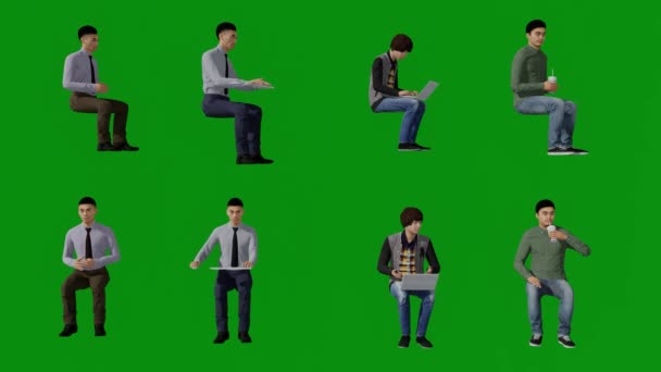 3D四个不同的银行员工绿色屏幕背景 使用手机和膝上型电脑 从不同的视角坐在4K质量的位置上 — 图库视频影像