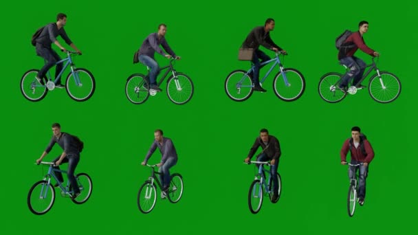 Vier Verschiedene Männliche Radfahrer Green Screen Hintergrund Reiten Mit Zigeunertasche — Stockvideo