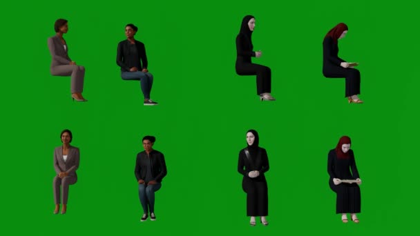 Čtyři Různé Arabské Ženy Zelené Obrazovky Pozadí Mluvení Čtení Odpočinku — Stock video