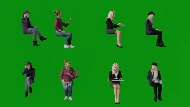 Несколько Различных Американских Блондинок Сотрудников Зеленый Экран Фоновое Чтение Говорить — стоковое видео