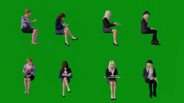 3D几个不同的女秘书绿色屏幕背景阅读书籍 与计算机一起工作 从4K级的前方看医生办公室 — 图库视频影像