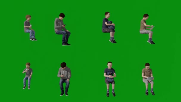 3Dいくつかの異なるアメリカの男の子緑の画面の背景読み取りと学校のフロントビューで話して4K品質 — ストック動画