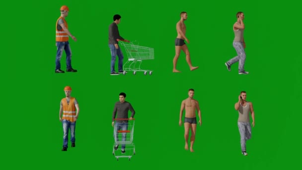 Verschillende Australische Mannelijke Reizigers Groen Scherm Achtergrond Praten Winkelen Wandelen — Stockvideo