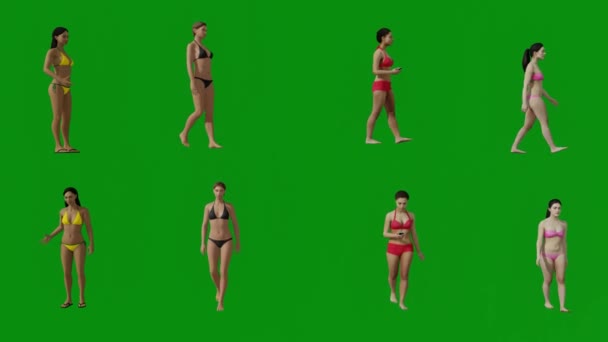 Flera Olika Europeiska Bikini Kvinnor Den Gröna Skärmen Bakgrund Promenader — Stockvideo