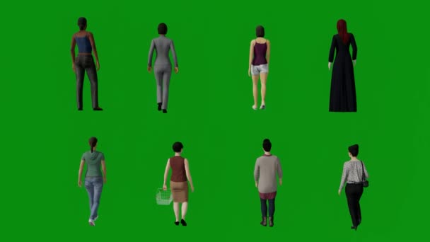 3D几个不同的中国和亚洲女性绿色屏幕背景的对话和从后视镜中走出去4K品质 — 图库视频影像