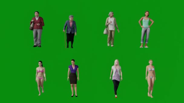 3Dいくつかの女性旅行者異なるビキニグリーンスクリーン背景立って水着歩くと島やフロントビューと話してクロマ4K — ストック動画