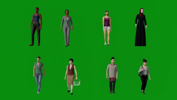 Varias Mujeres Asiáticas Indias Diferentes Pantalla Verde Fondo Pie Caminando — Vídeo de stock