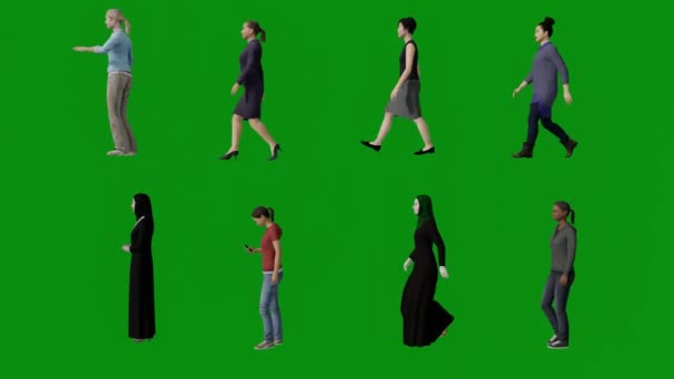 3D几个不同的女性保姆绿色屏幕 她们站着聊天 照顾幼儿 在家和侧面观看Chroma — 图库视频影像