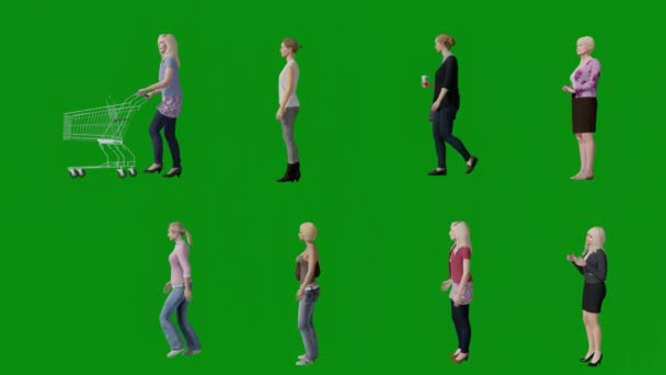 Verschillende Blonde Amerikaanse Vrouwen Groen Scherm Achtergrond Praten Staan Lopen — Stockvideo