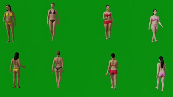 Mehrere Verschiedene Schwimmerinnen Green Screen Gehen Und Ausübung Bikinis Strand — Stockvideo