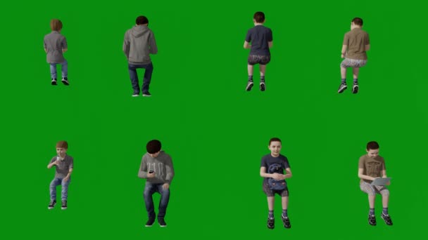 Several Different Boys Sitting Green Screen Talking Reading Drinking Several — Stock Video