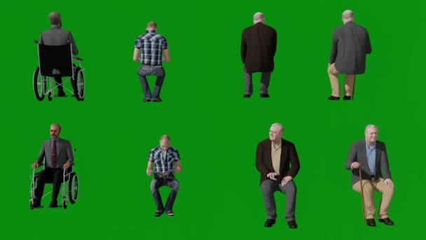 3D夫妇失业退休男子绿色屏幕背景坐着 阅读报纸 休息从背面和前面几个不同的观点Chroma — 图库视频影像
