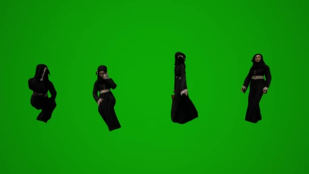 3D组不同的阿联酋和波斯湾穆斯林妇女绿色屏幕背景讲手机和朋友清真寺铬 — 图库视频影像