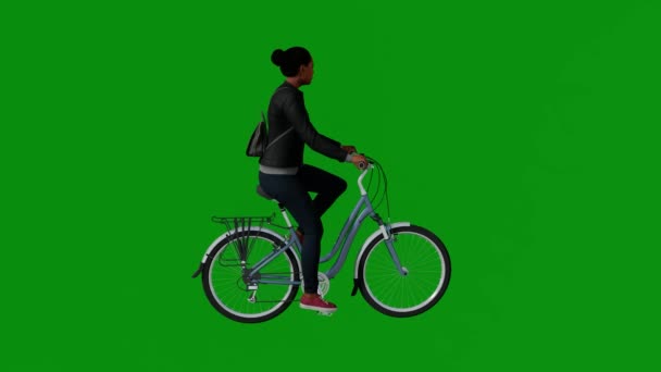 Черный Американский Медсестра Езда Велосипеде Зеленый Экран Выходит Удовольствия Упражнения — стоковое видео