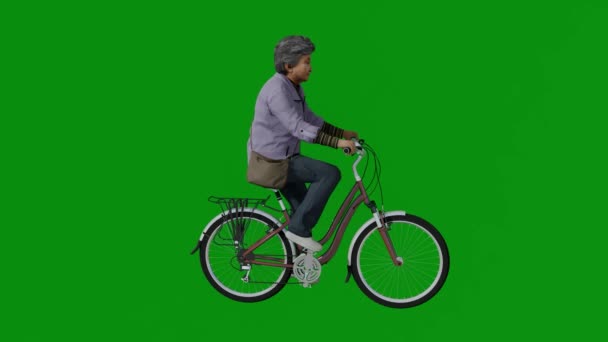 Chinese Japanese Grandmother Riding Bicycle Green Screen Going Market Shopping — Stock Video