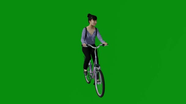 Chinês Asiático Menina Vendedor Equitação Bicicleta Verde Tela Indo Para — Vídeo de Stock