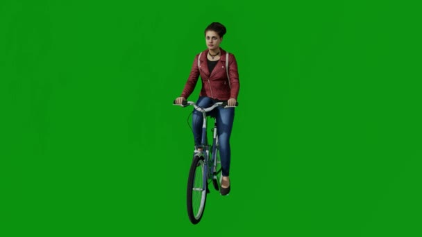 3D年轻白人女孩骑自行车绿色屏幕回家与朋友 并锻炼前看Chroma — 图库视频影像