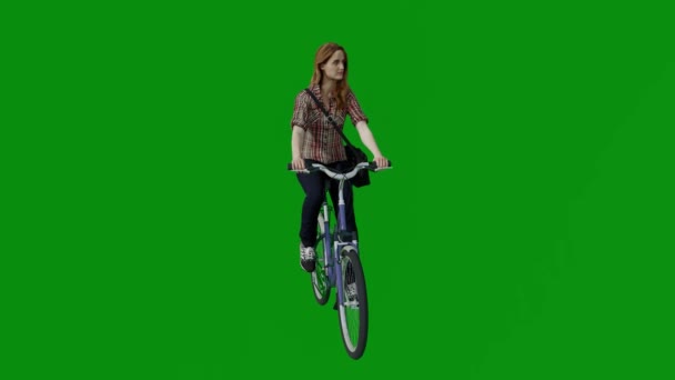 Americana Dona Casa Equitação Bicicleta Tela Verde Vai Mercado Para — Vídeo de Stock