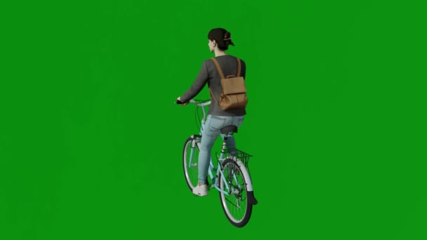 Νεαρή Λευκή Κοπέλα Ιππασία Ποδήλατο Πράσινη Οθόνη Πηγαίνει Στο Σπίτι — Αρχείο Βίντεο