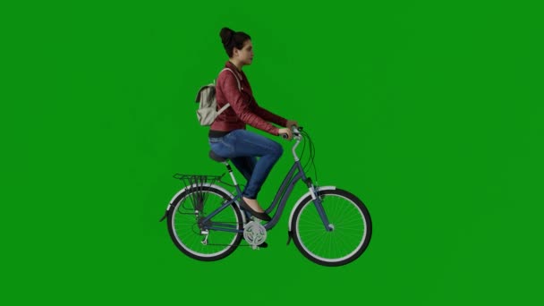 3D若いですホワイト女の子ライディング自転車緑の画面行きますホームとともに友人と運動サイドビュークロマ4K — ストック動画