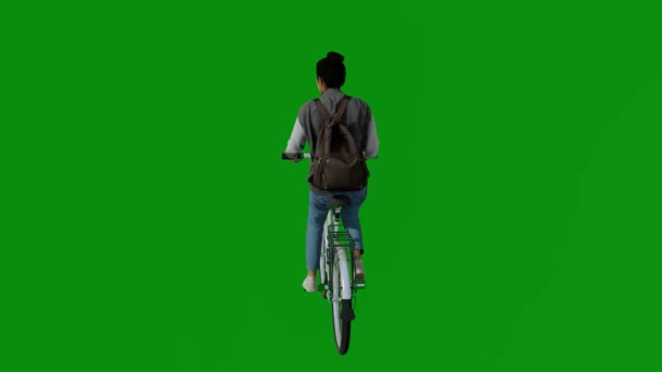 American Girl University Student Riding Bike Green Screen Going University — Stockvideo