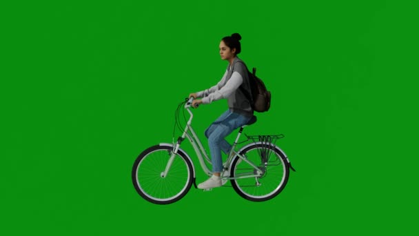 Американец Студентка Езда Велосипеде Зеленый Экран Упражнения Весело Вид Сбоку — стоковое видео