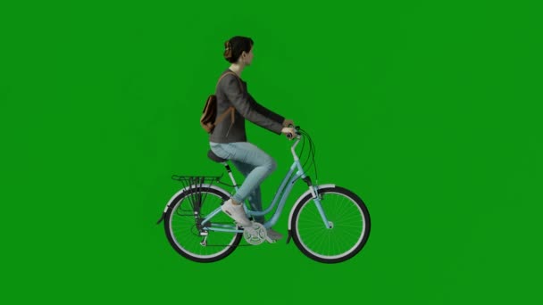 University Student Girl Riding Bicycle Green Screen Going University Exercising — Stock Video