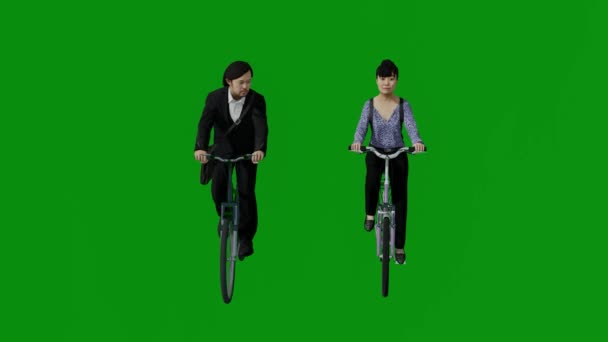 亚洲男子和妇女绿色屏幕亚洲日本Vokrei骑自行车3D员工衬衫去上班 — 图库视频影像