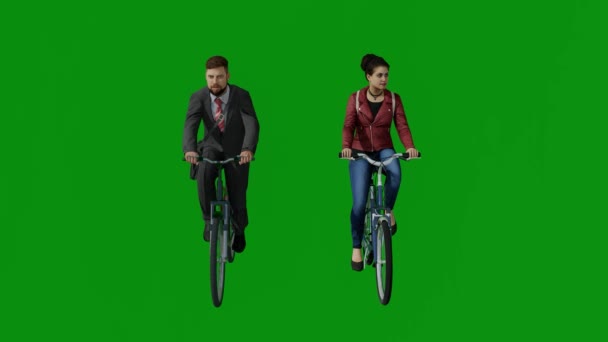 Renderização Dois Trabalhadores Escritório Tela Verde Andar Bicicleta Vai Trabalhar — Vídeo de Stock