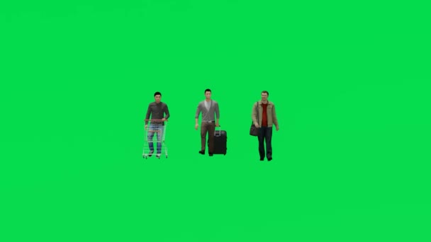 Flera Manliga Köpare Och Resenärer Grön Bakgrund Skärm Promenader Och — Stockvideo