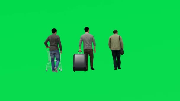 3Dいくつかの男性の買い物客や旅行者緑の背景画面歩行やショッピングと空港への背面ビュー高品質クロマ4Kから行く — ストック動画