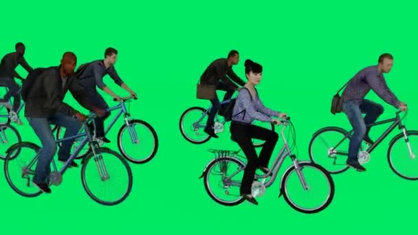 3D组男子和妇女骑自行车的绿色背景屏幕开车去工作Chroma — 图库视频影像
