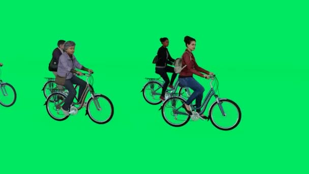 3D组女性员工骑自行车绿色背景屏幕开车去购物和工作Chroma — 图库视频影像