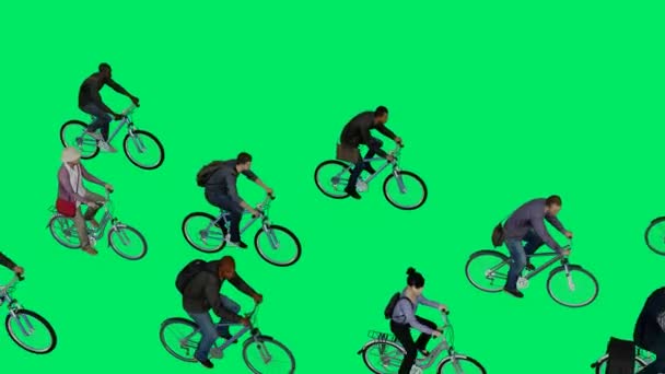 3Dグループマーケティング担当者男性と女性自転車に乗る緑の背景画面の運転とマーケティングトップビュークロマ4K — ストック動画