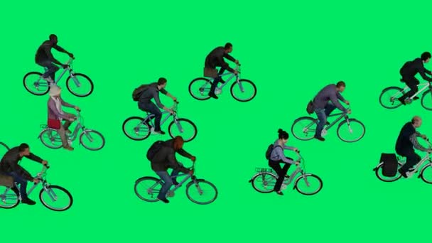 Duża Grupa Osób Ujeżdżających Rowery Zielony Ekran Tła Jazdy Podróży — Wideo stockowe