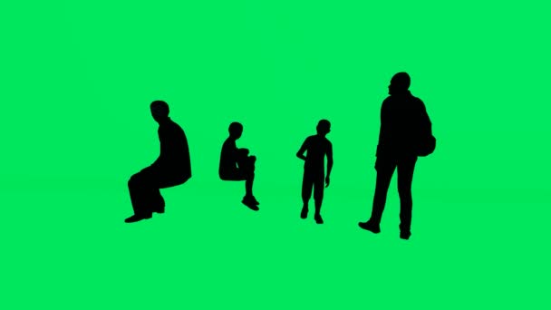 Flera Barn Och Fäder Semester Grön Skärm Bakgrund Och Siluett — Stockvideo