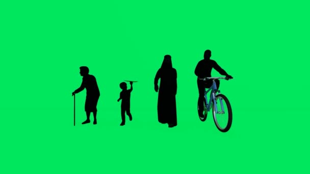 Groep Jonge Oude Mensen Wandelen Paardrijden Groene Scherm Achtergrond Silhouet — Stockvideo