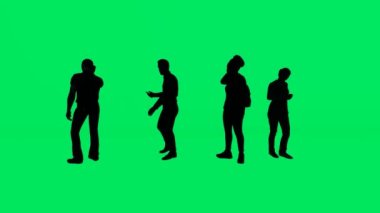 Birkaç erkek ve kadın evi yeşil ekran arka planında ve siluetinde temizliyor ve çeşitli açılardan izole edilmiş ve telefonda konuşuyorlar..