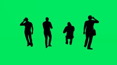 Birkaç güvenlik görevlisi ve koruma yeşil ekran arkaplan ve silueti birkaç açıdan izole edilmiş ve telefonla konuşuyorlar.