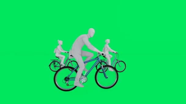 3Dファミリーサイクリスト緑の画面クロムキーシルエットと隔離された背景の動き4K高品質 — ストック動画
