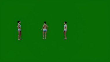 Bikini kız sahilde başkalarıyla konuşuyor. 1080 yeşil ekran 3D.