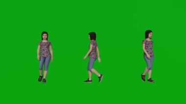 Küçük kız yeşil ekran yürüyüşü insanlar 3D animasyon tam 1080 canlandırma