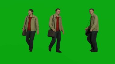Erkek işçi çantası 3D genç çocuk yeşil ekran insanlar krom anahtar arka plan 3D animasyon tam HD 1080 Öğrenci iş adamı