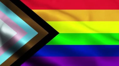 Gökkuşağı LGBT ilerleme bayrağı mavi gökyüzü yüksek kaliteli metin ile rüzgarı sallıyor