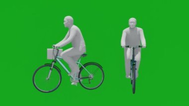 3D okul çocuğu iki farklı renk ve malzeme olmadan yeşil ekran bisiklet sürüyor.