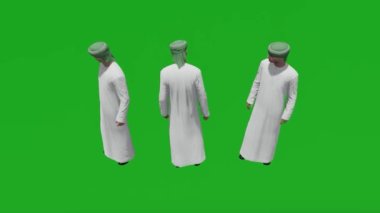 Üç boyutlu genç bir Arap, üç farklı görüşe sahip yeşil ekran sohbet dükkanı.
