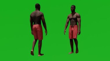 3D yakışıklı Afrikalı yeşil adam iki farklı manzarayla kumsalda yürüyor.