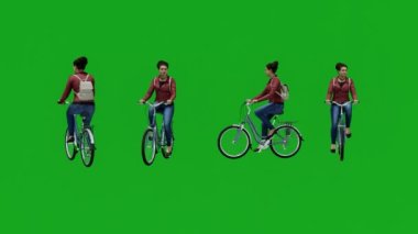 4 farklı manzaralı, 3 boyutlu, yeşil ekran bisiklet süren 3 boyutlu kız turist. 4 farklı manzaralı, 3 boyutlu, yeşil ekran bisiklet süren kız.