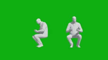 3D orta yaşlı adam yeşil ekran oturma pozisyonu renk ve malzeme olmadan iki farklı görünüm telefon kontrol